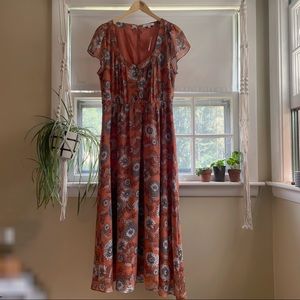 NWT madewell midi dress // floral, burnt orange color, midi length, short sleeve